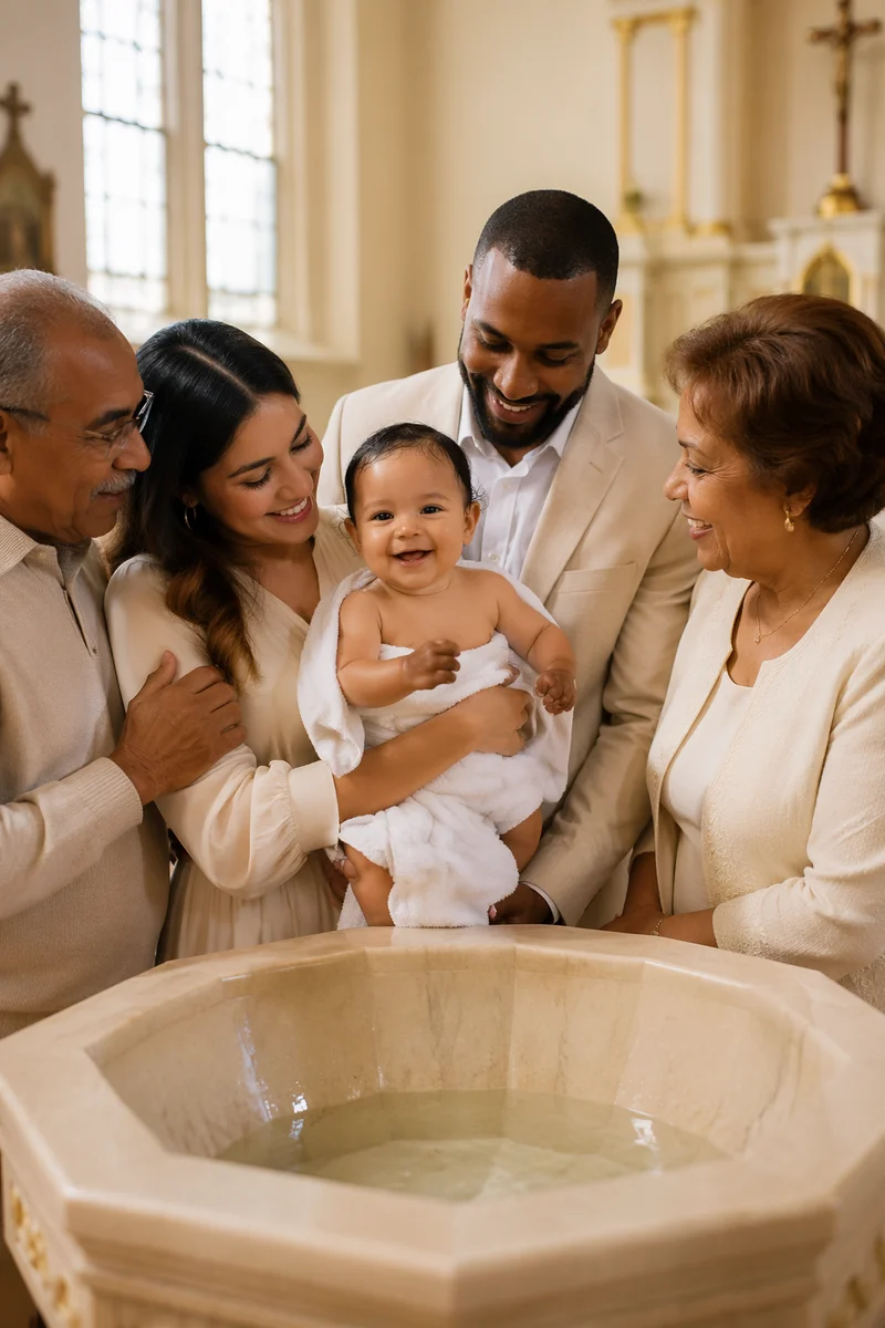 Smiling Toddler Baptism Family Portrait