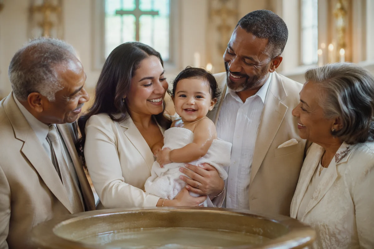 Smiling Toddler Baptism Family Portrait in Church