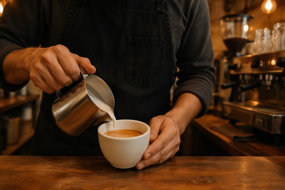 Barista Pouring Latte Art at Counter