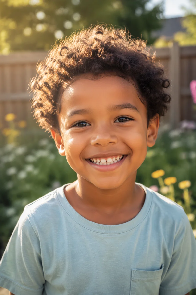 Happy Biracial Child in Sunlit Garden