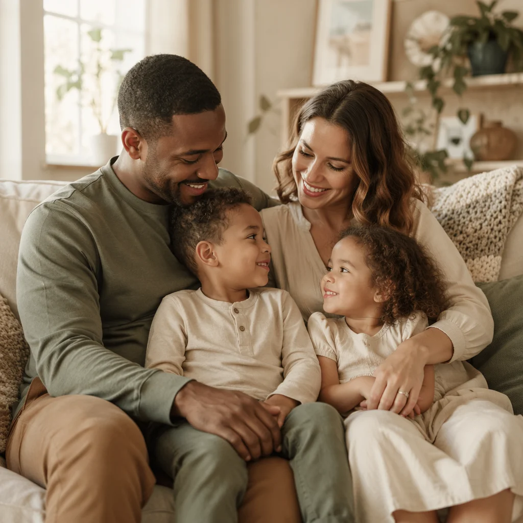 Biracial Family Portrait in Sunlit Living Room
