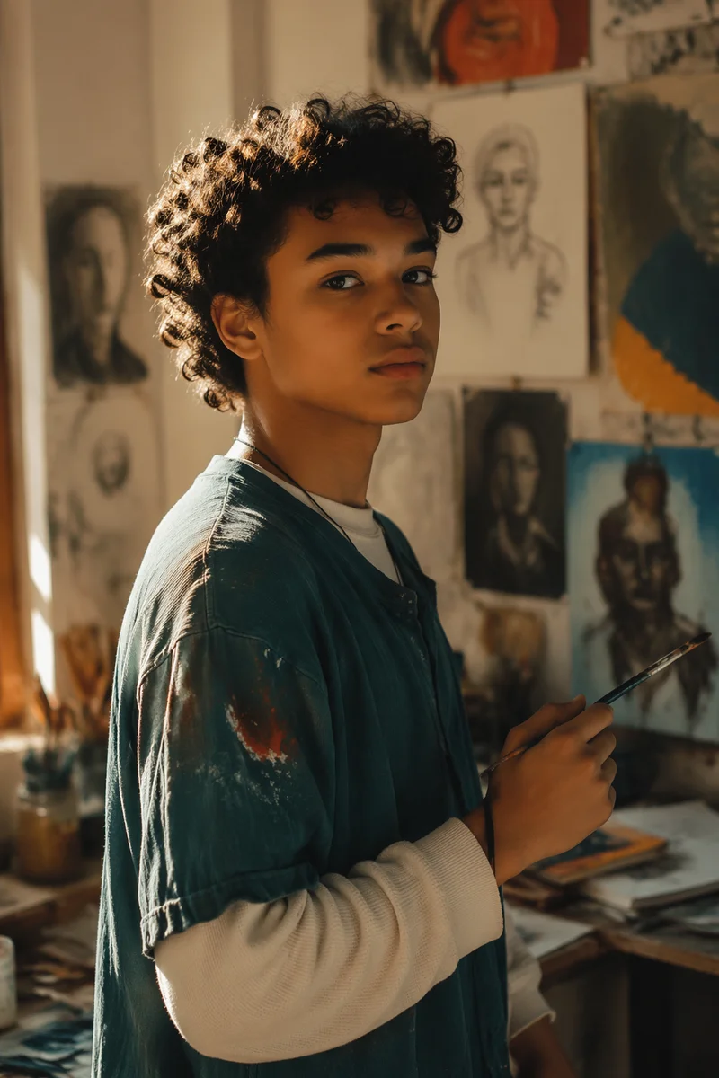 Biracial Teen Artist in Sunlit Loft