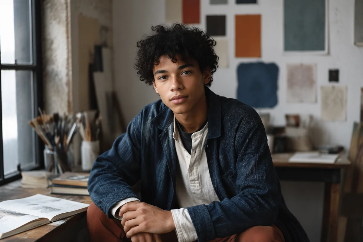 Thoughtful Biracial Teen in Creative Studio