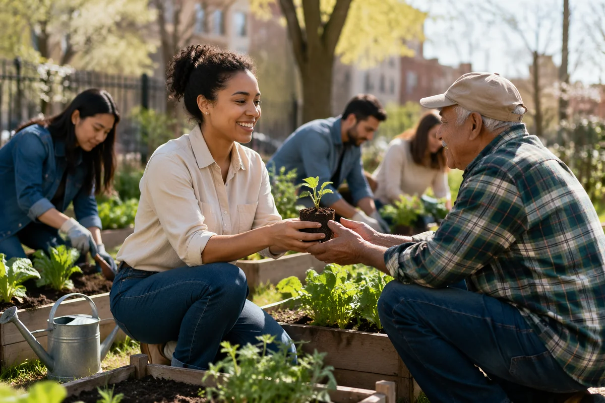 Young Volunteer Sharing Seedlings in Community Garden