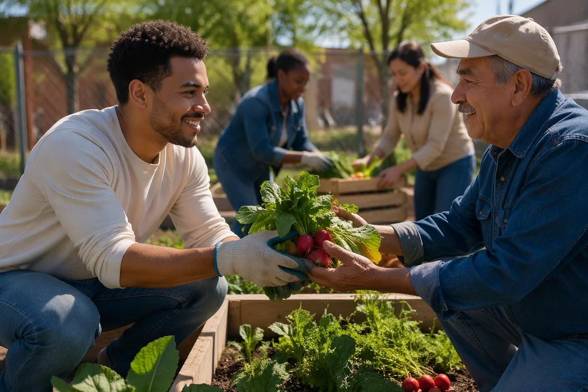 Young Volunteer Sharing Vegetables in Garden