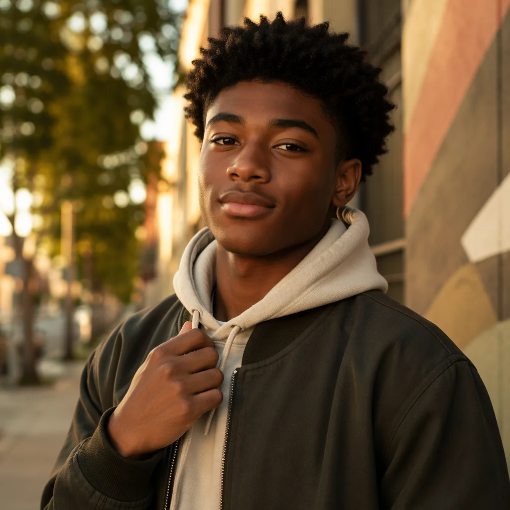 Confident Black Teen on City Sidewalk