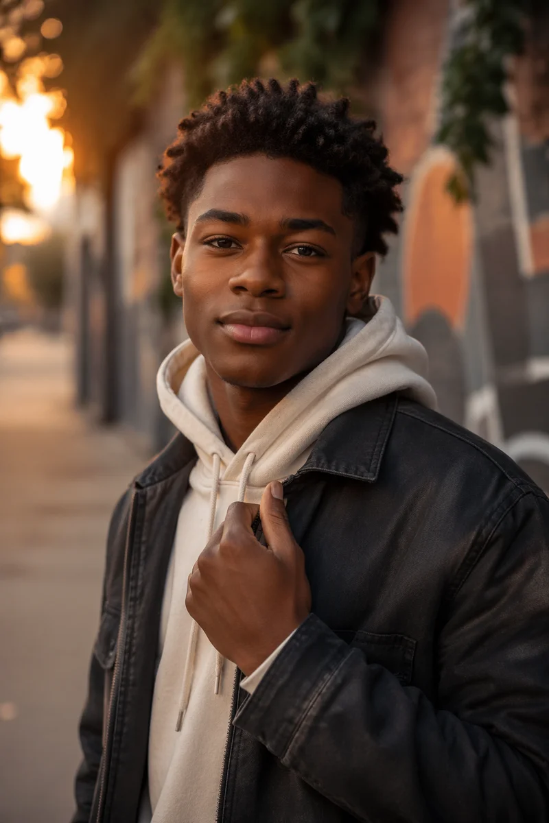 Confident Black Teen on City Sidewalk