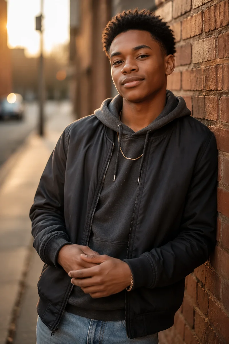 Confident Black Teen Portrait by Brick Wall
