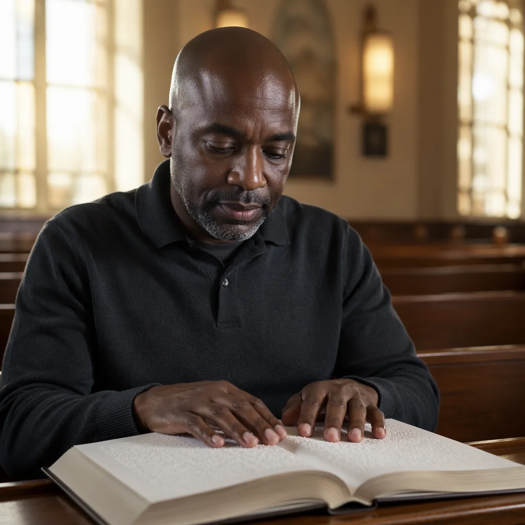 Man Reading Braille Bible in Church