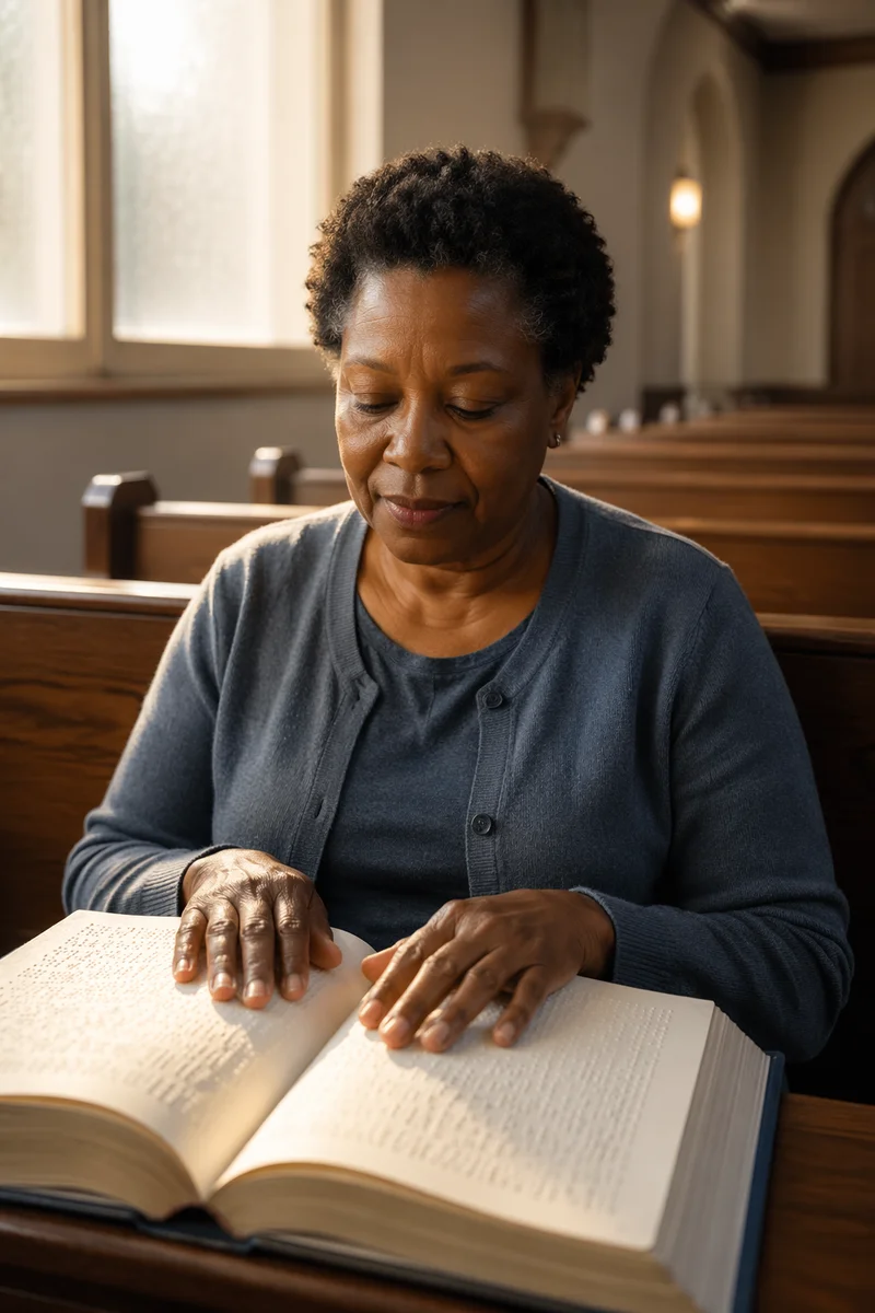 Woman Reading Braille Bible in Church