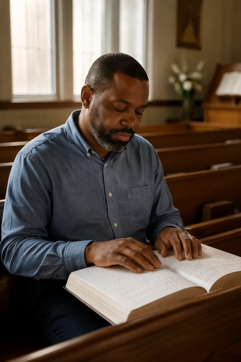 Man Reading Braille Bible in Church