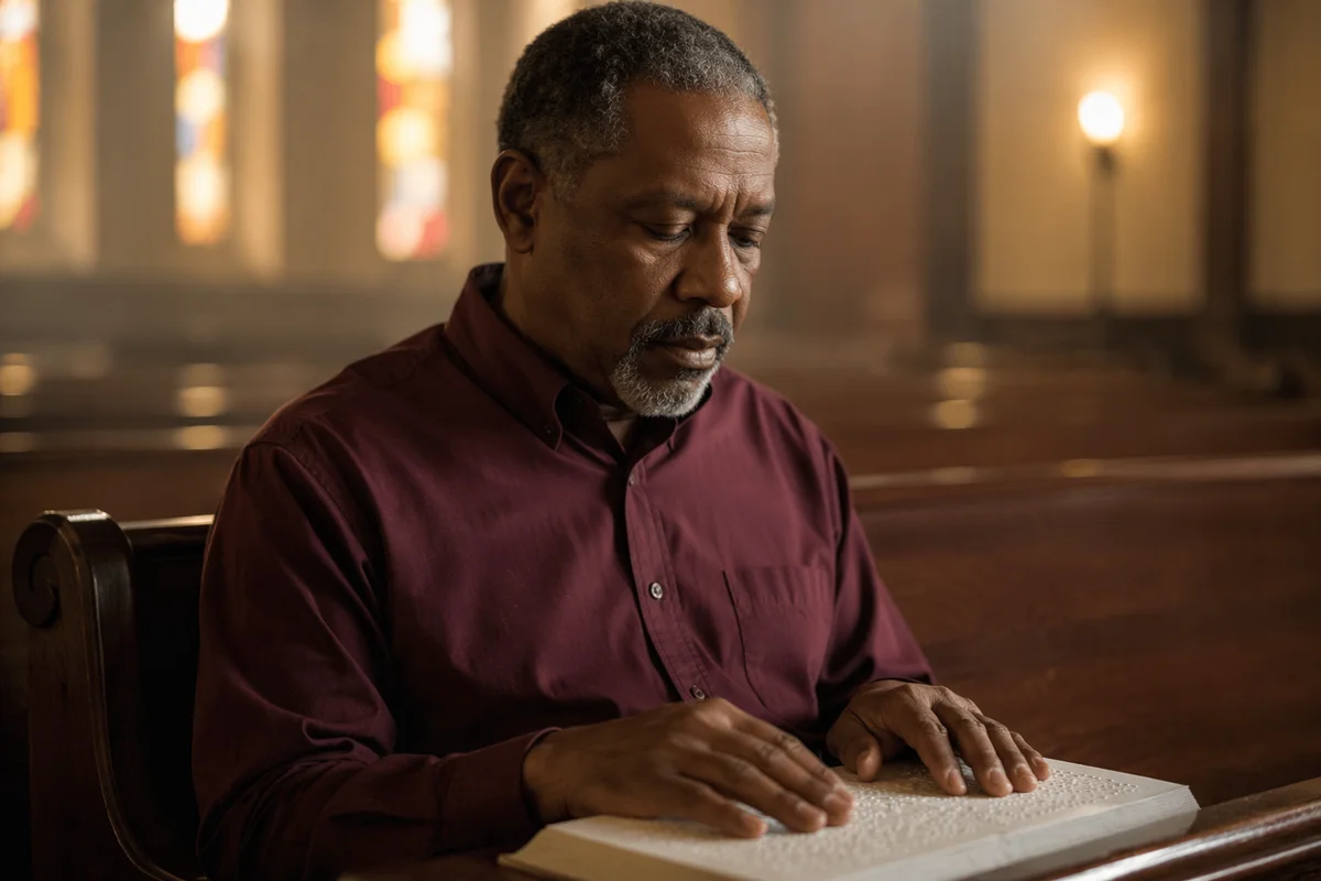 Man Reading Braille Bible in Church