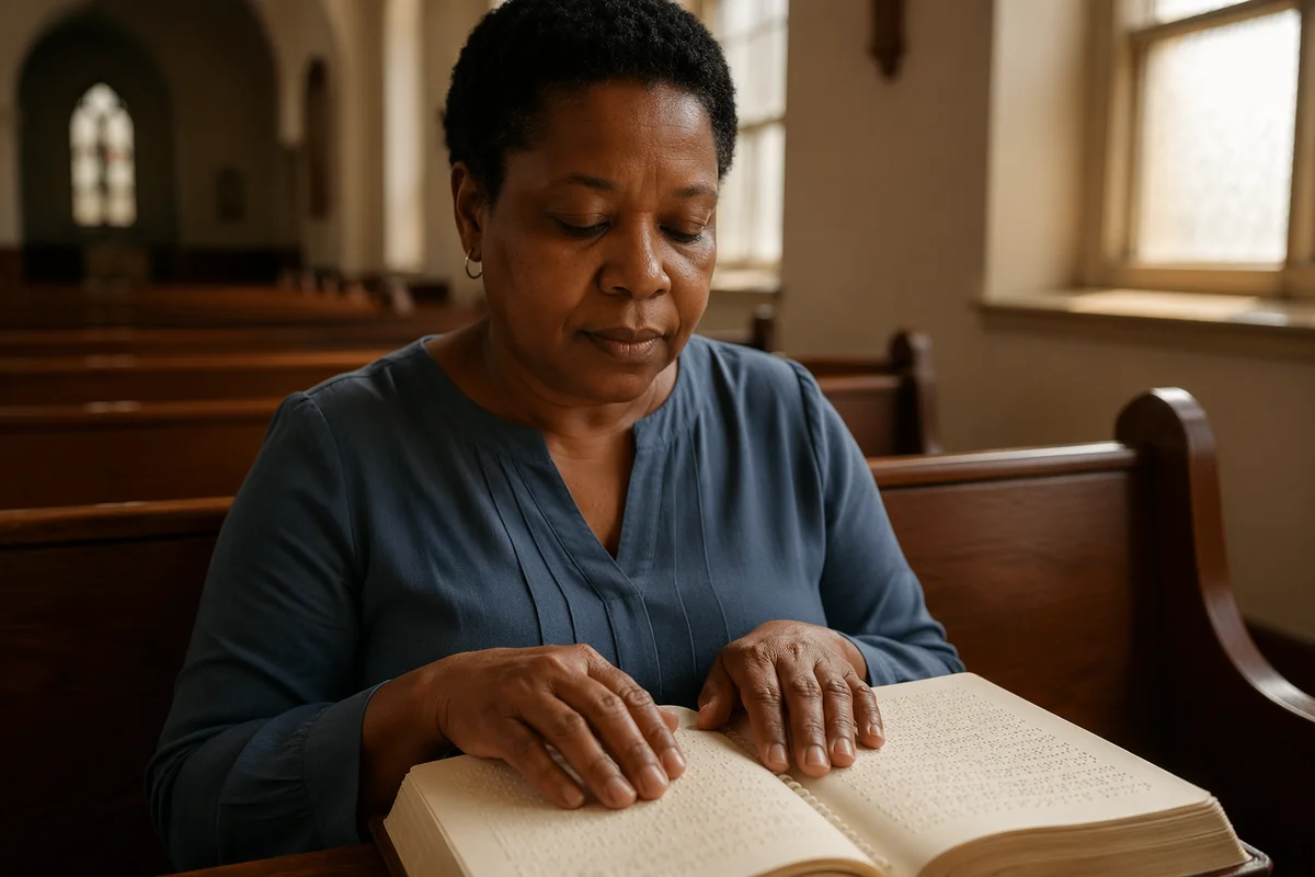 Woman Reading Braille Bible in Church