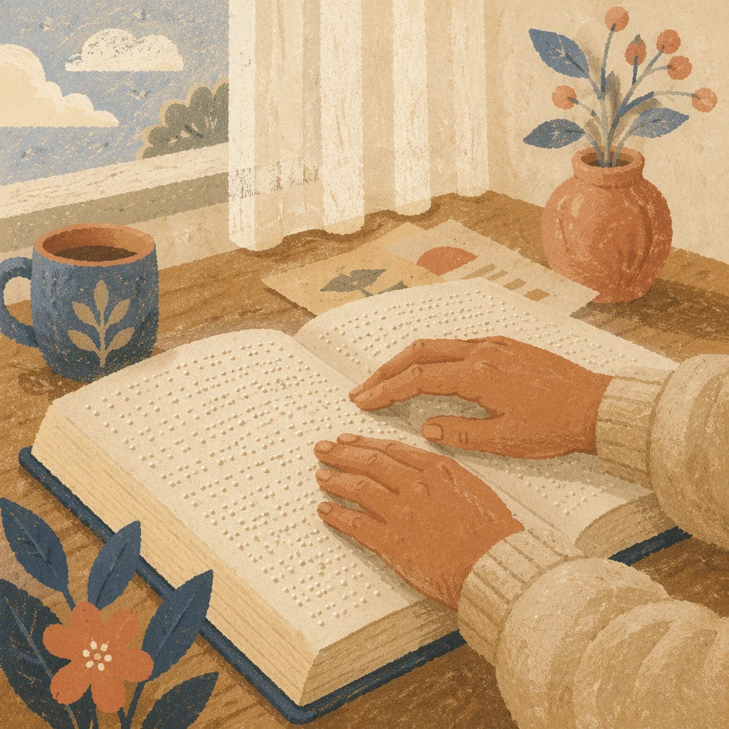 Hands Reading Braille Bible by Window
