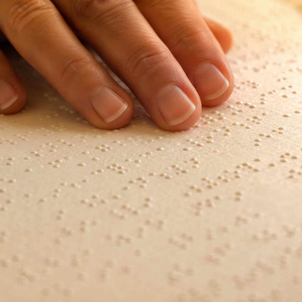 Hands Reading Braille Bible in Warm Light