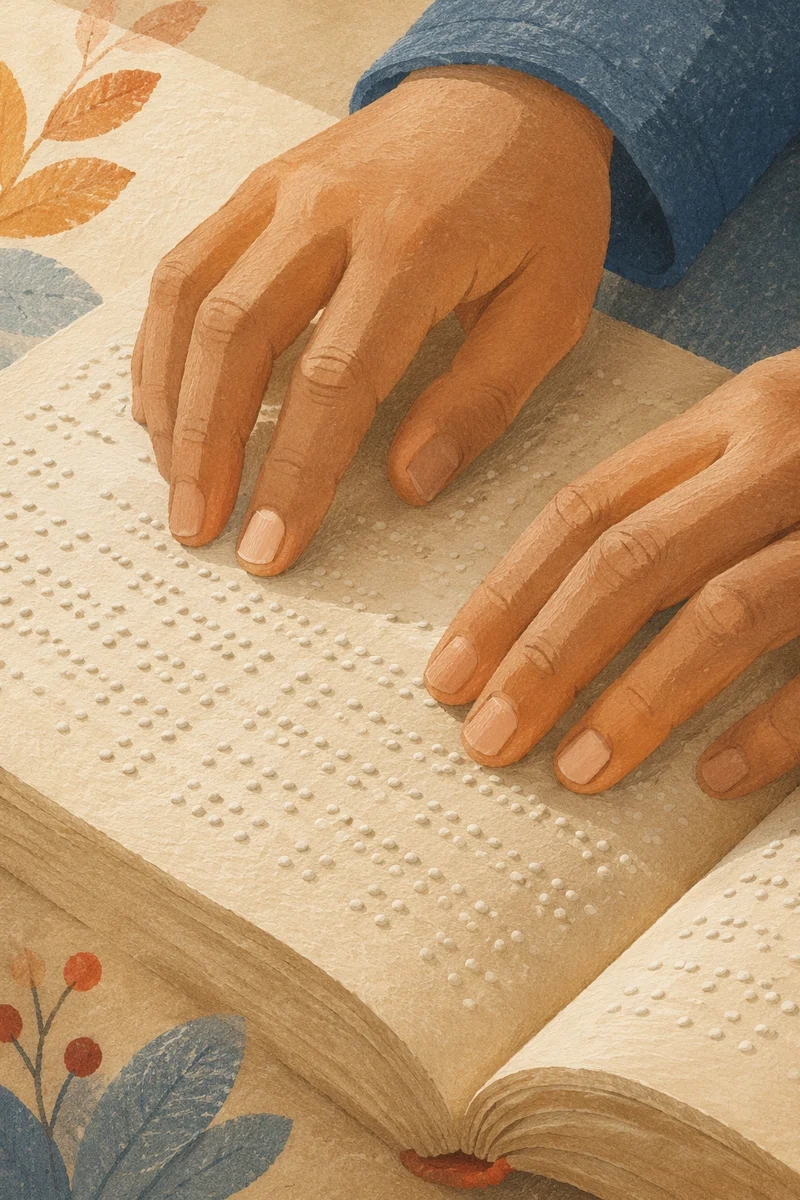 Hands Reading Braille Bible in Prayerful Light
