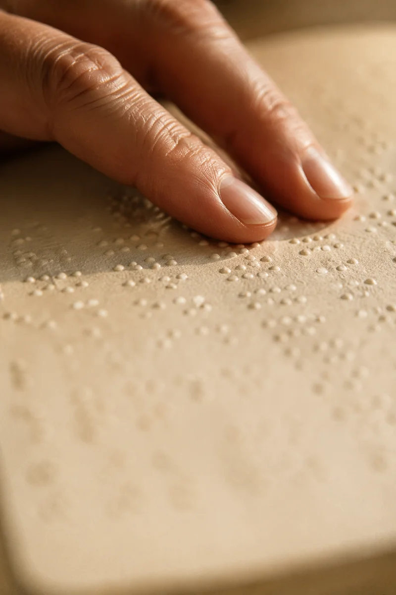 Hands Reading Braille Bible in Warm Light