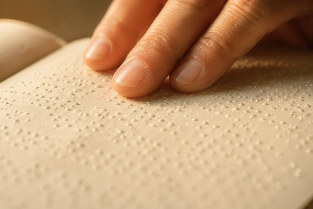 Hands Reading Braille Bible in Warm Light