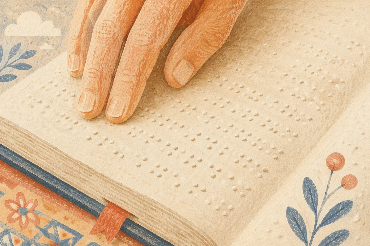 Hands Reading Braille Bible in Quiet Light