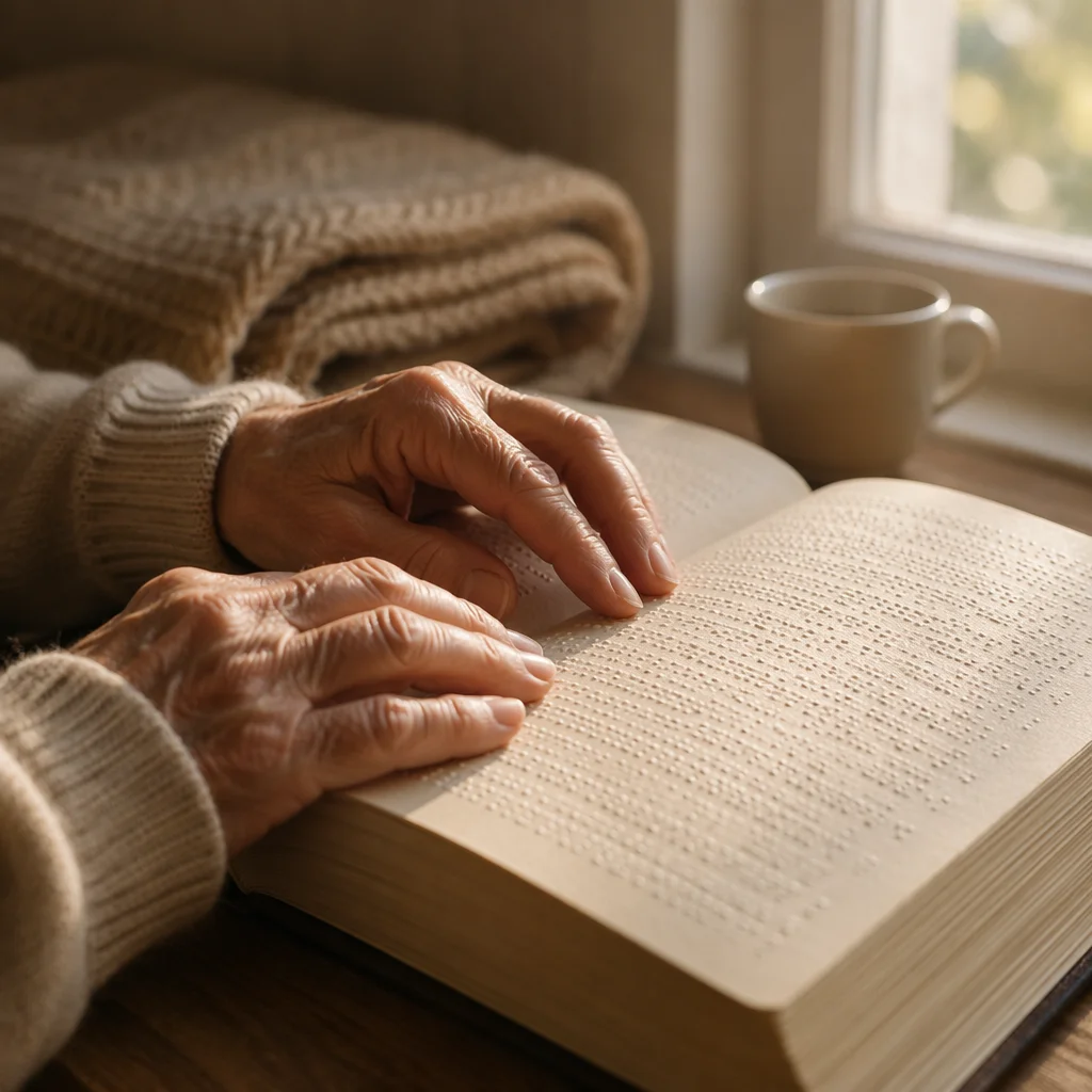 Hands Reading Braille Bible in Morning Light
