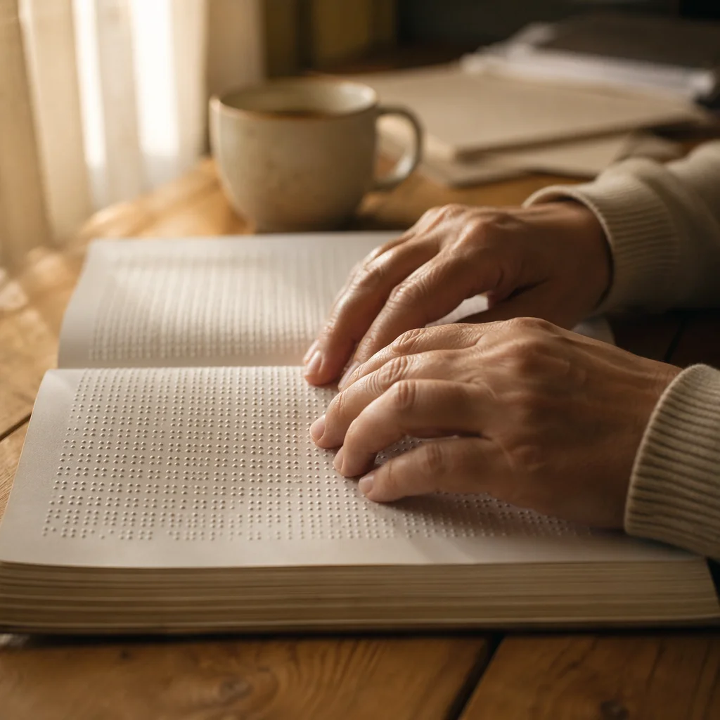 Hands Reading Braille Bible in Warm Light