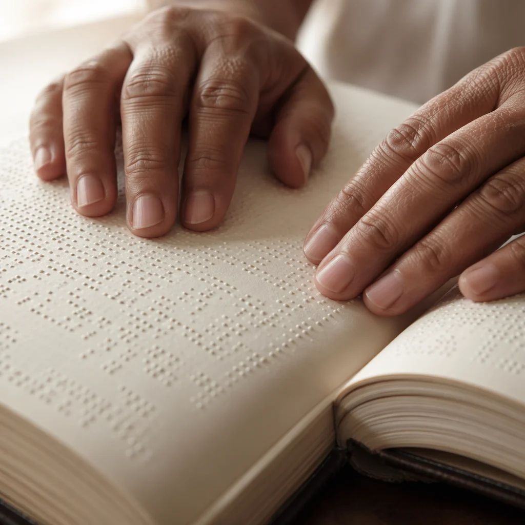 Hands Reading Braille Bible in Soft Light