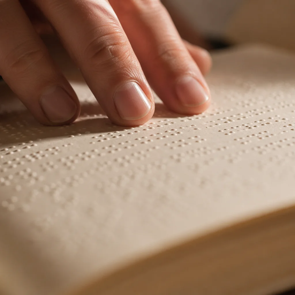 Hands Reading Braille Bible in Warm Light