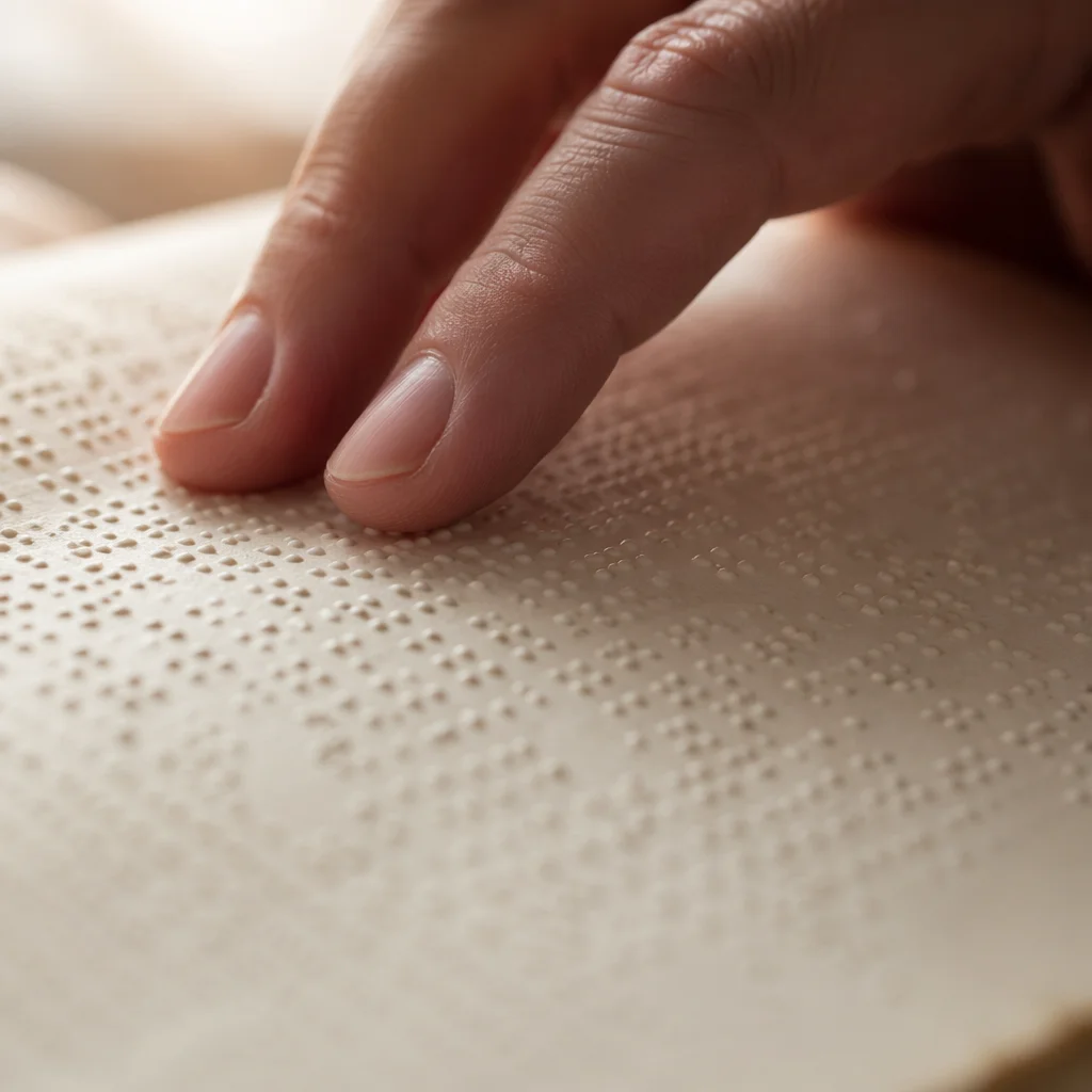 Hands Reading Braille Bible in Soft Light