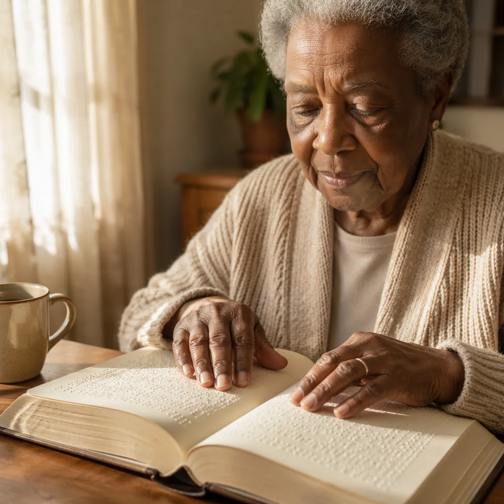 Elderly Woman Reading Braille Book by Window