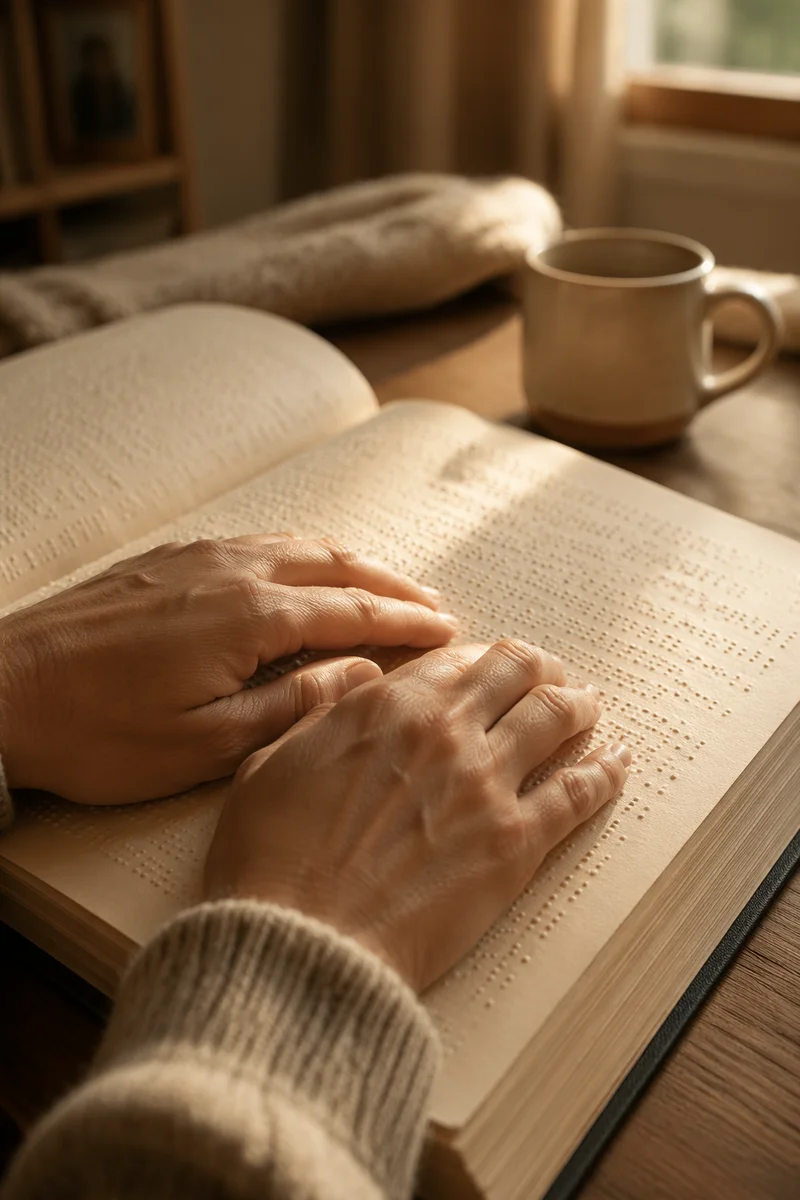 Hands Reading Braille Bible in Morning Light