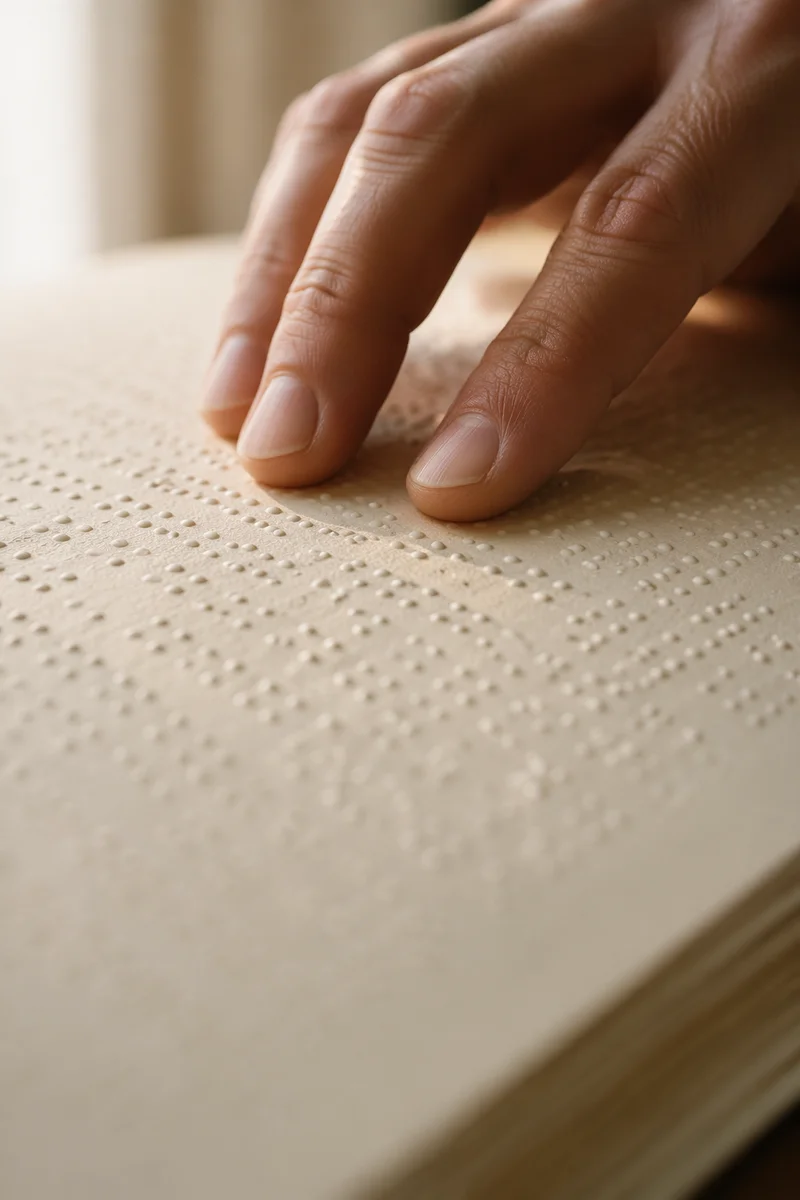 Hands Reading Braille Bible in Soft Light