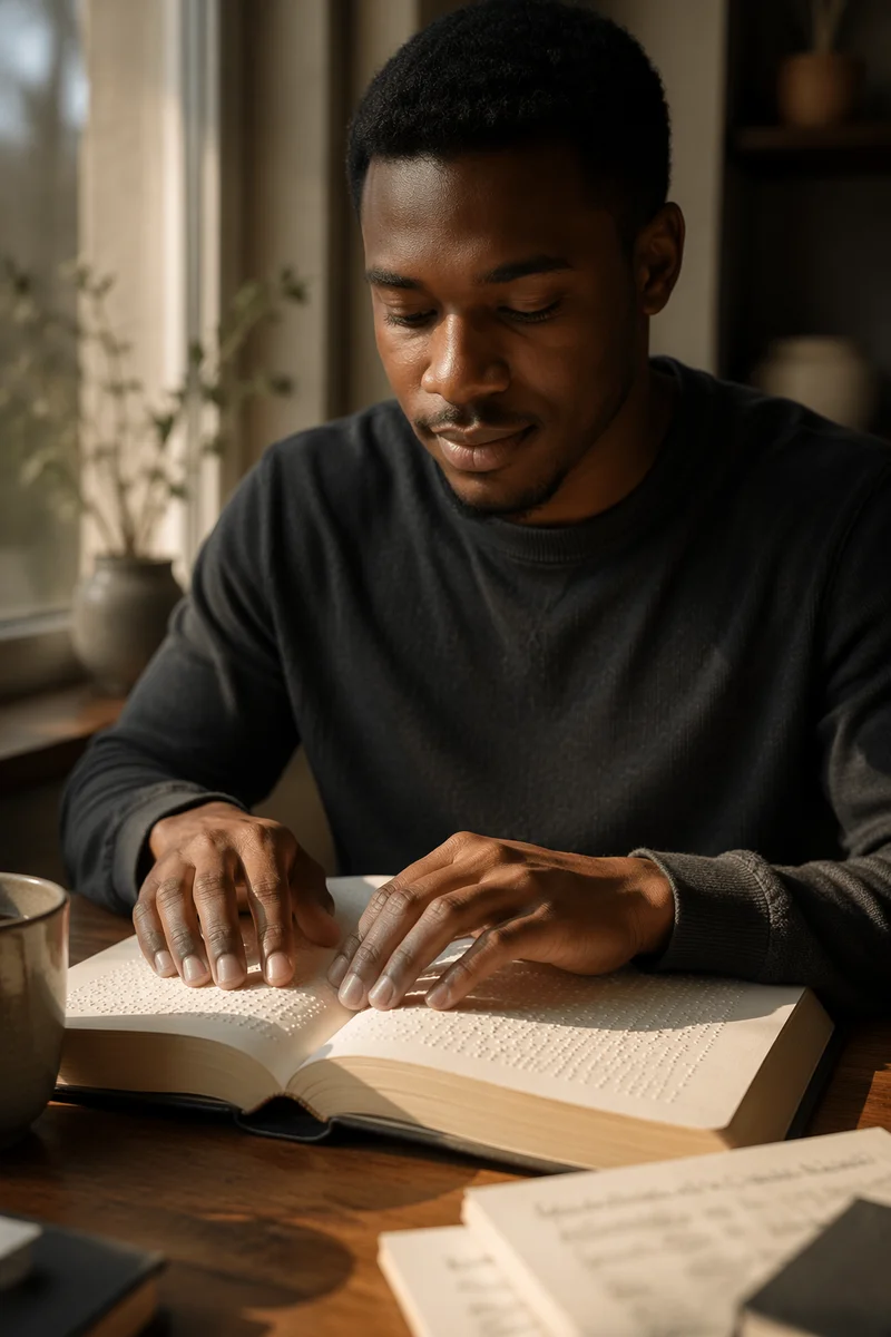 Young Man Reading Braille Bible