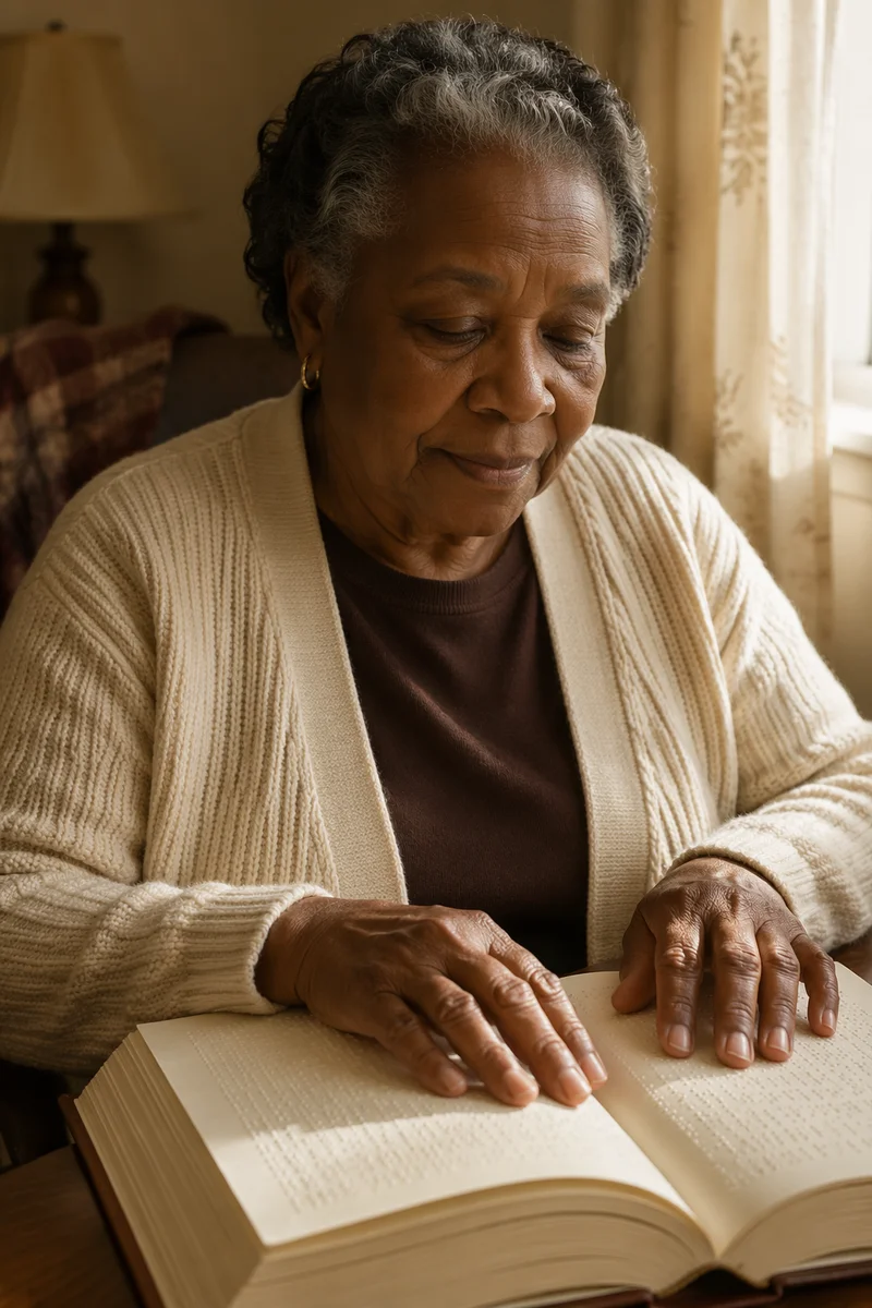 Elderly Woman Reading Braille Bible