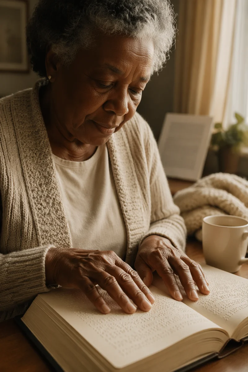 Elderly Woman Reading Braille Bible
