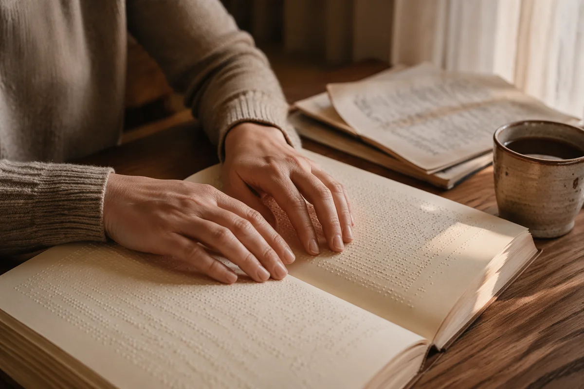 Hands Reading Braille Bible in Warm Light