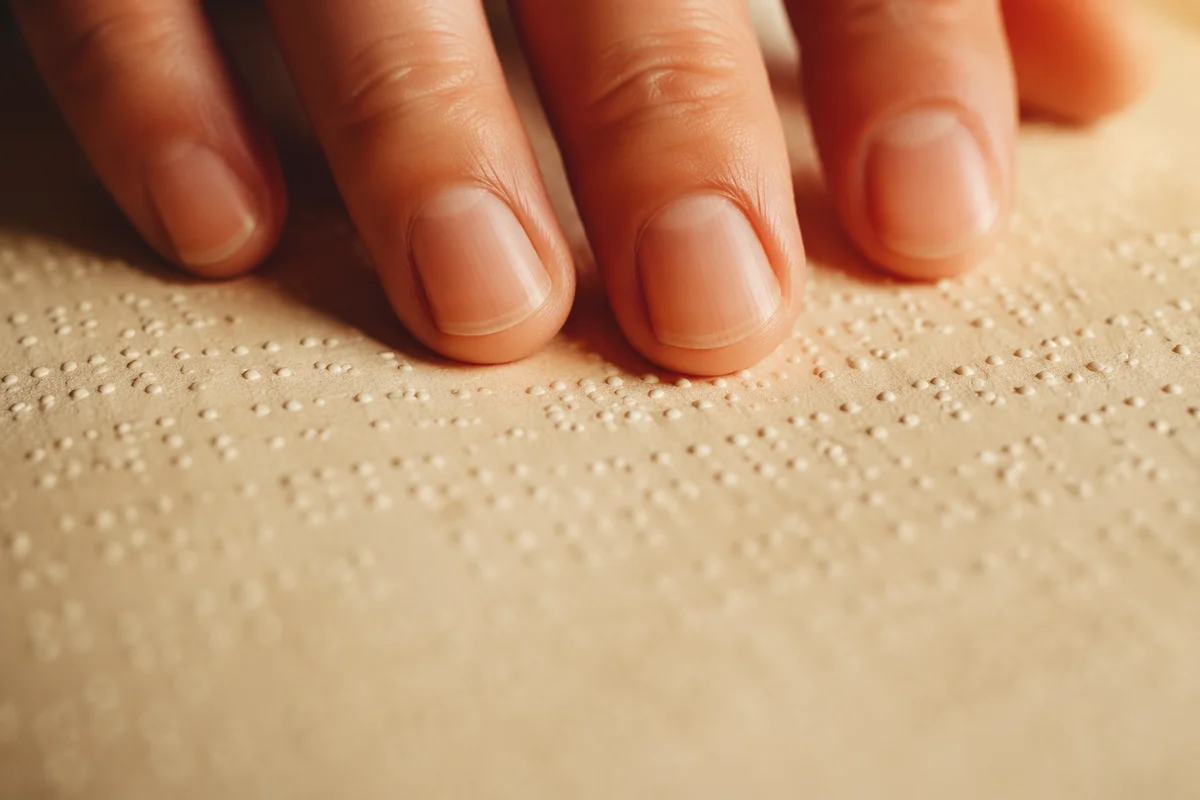 Hands Reading Braille Bible in Warm Light