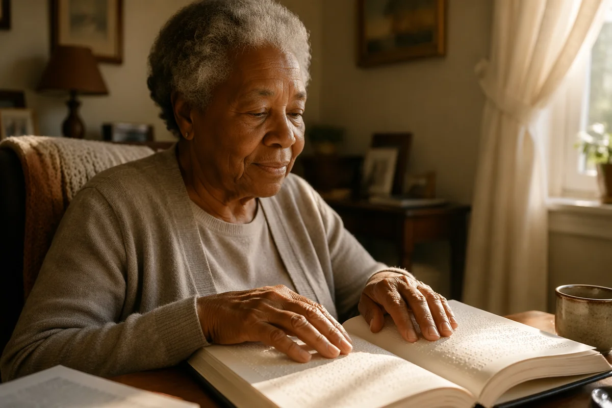 Elderly Woman Reading Braille Bible