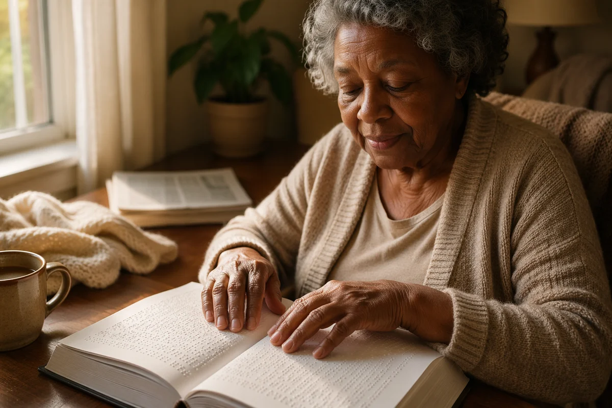 Elderly Woman Reading Braille Bible by Window