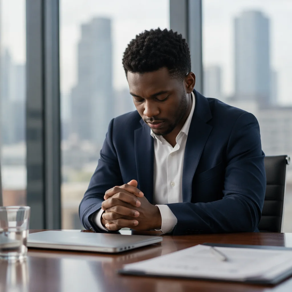 Businessman Praying Alone in Conference Room
