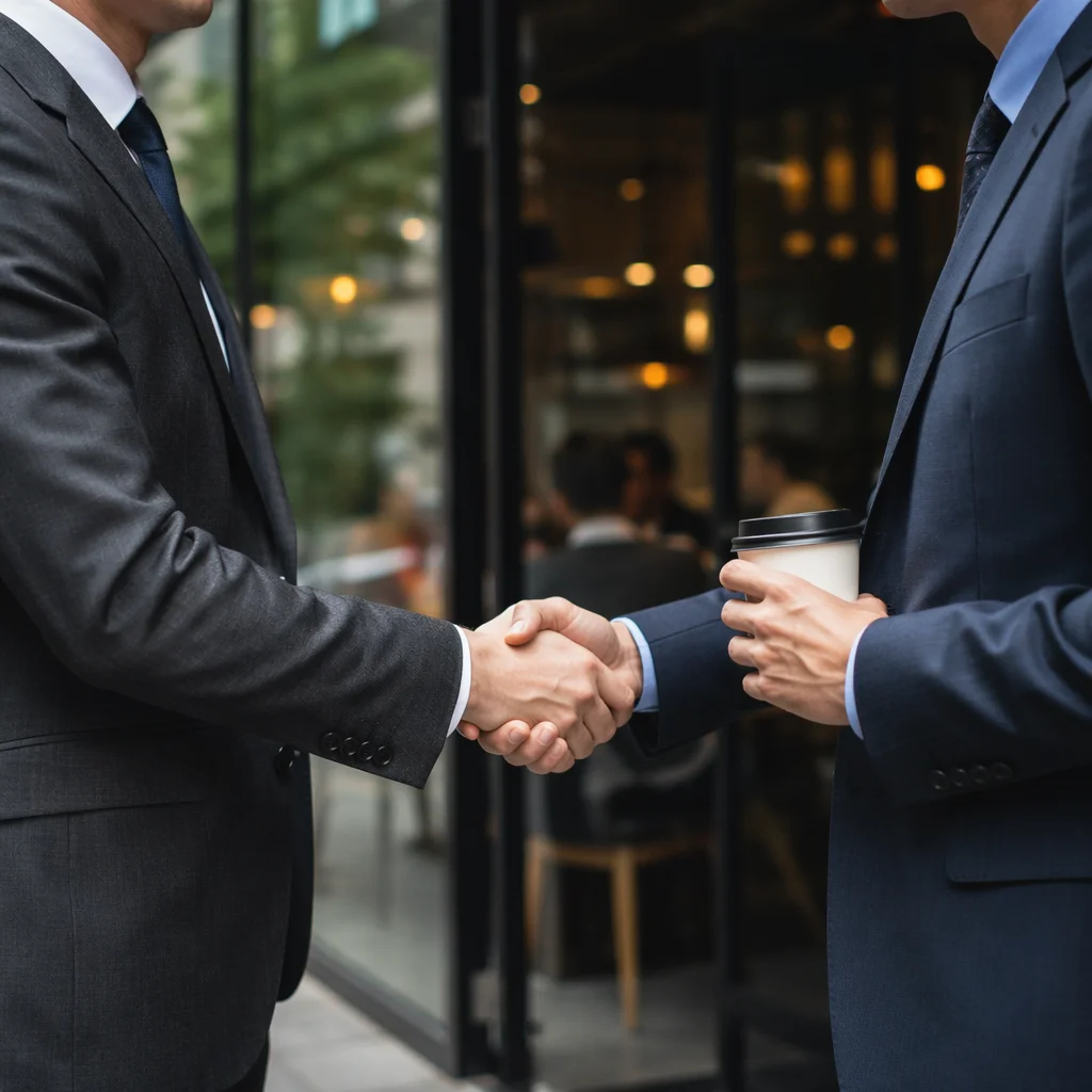 Professional Handshake Outside Modern Office Entrance