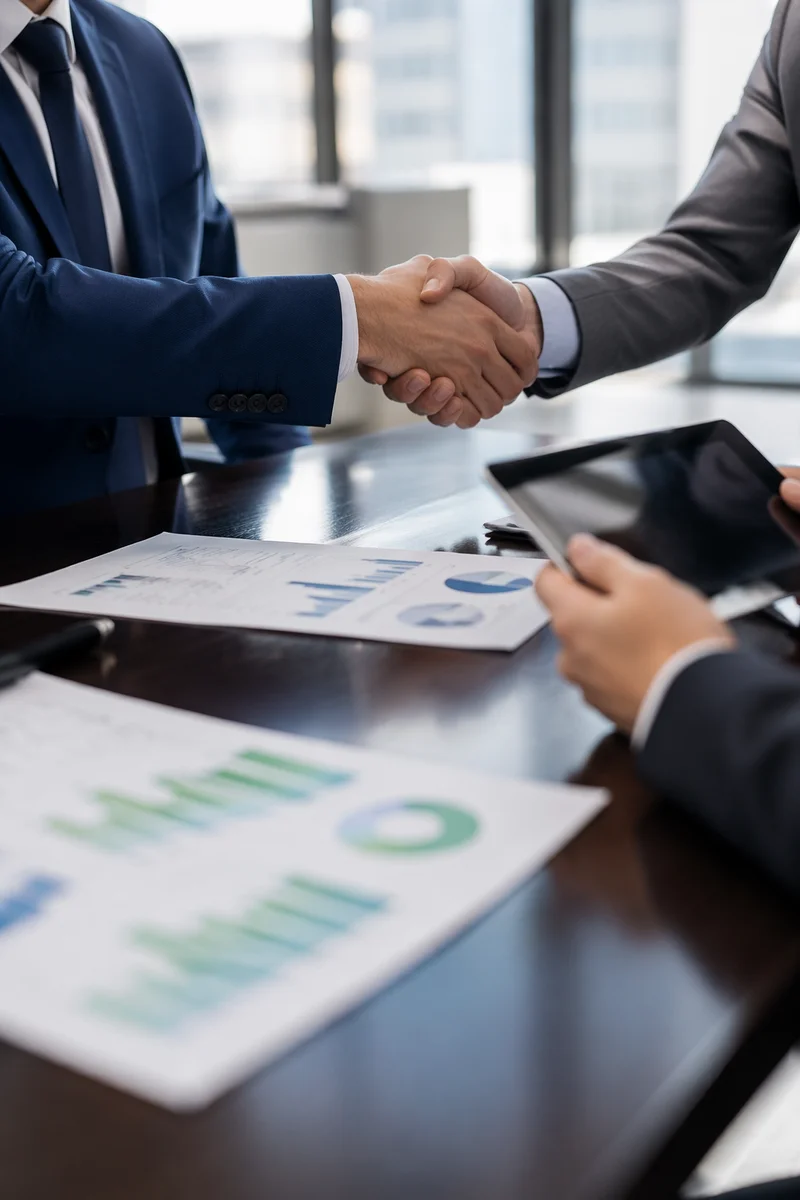 Professional Handshake at Corporate Meeting Table