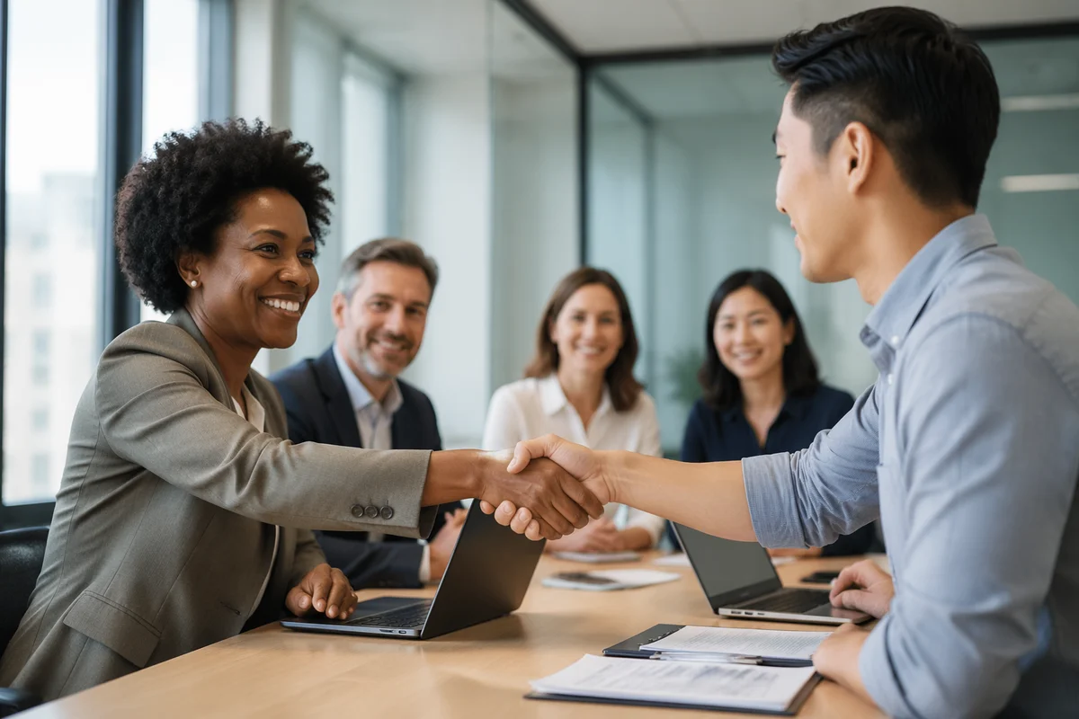 Business Handshake Across Conference Table