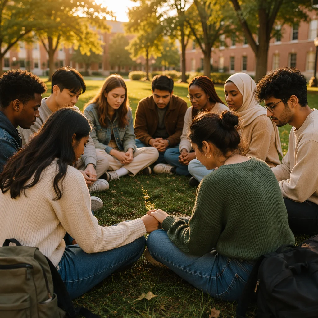 College Students Praying on Campus Lawn