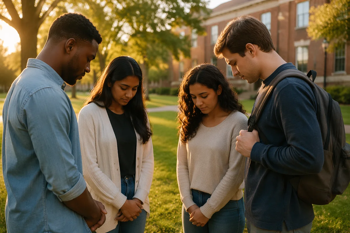 College Students Praying on Campus Lawn
