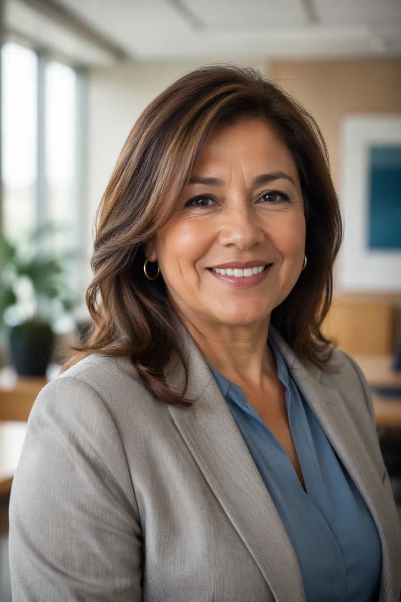 Cheerful Middle-Aged Woman in Modern Office