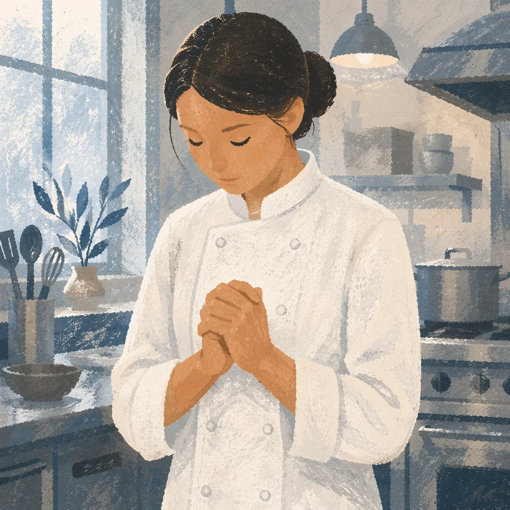 Chef Praying Quietly Before Restaurant Service