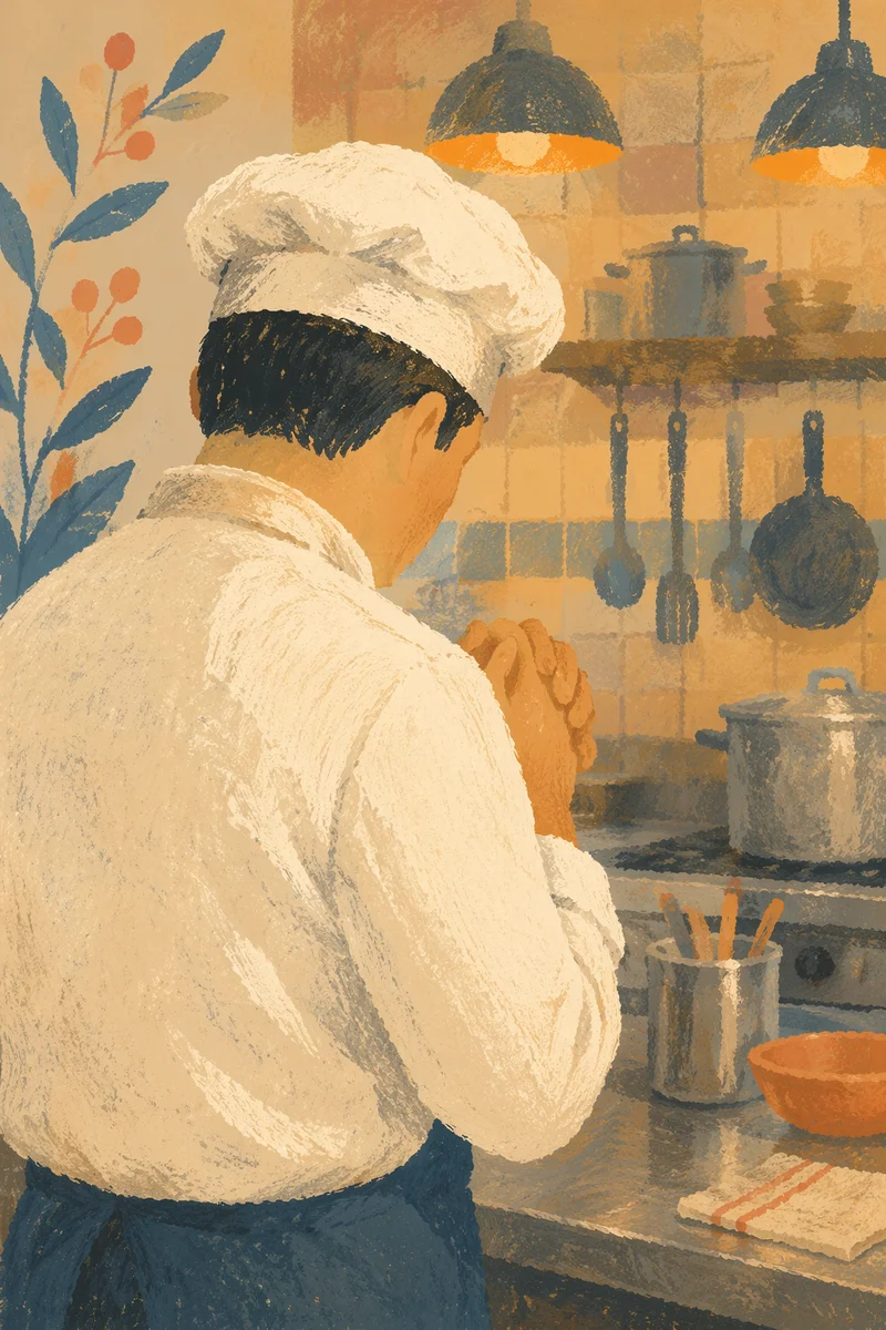 Chef Praying Quietly Before Dinner Service
