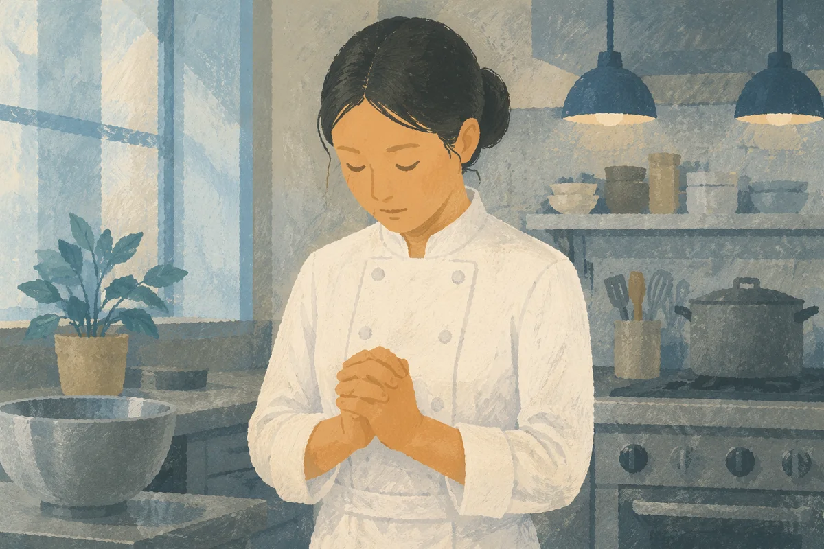 Chef Praying Before Service in Kitchen