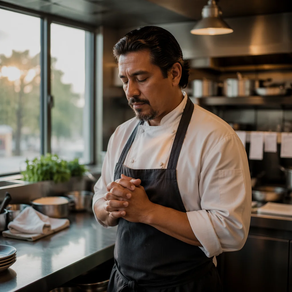 Chef Praying Before Dinner Service