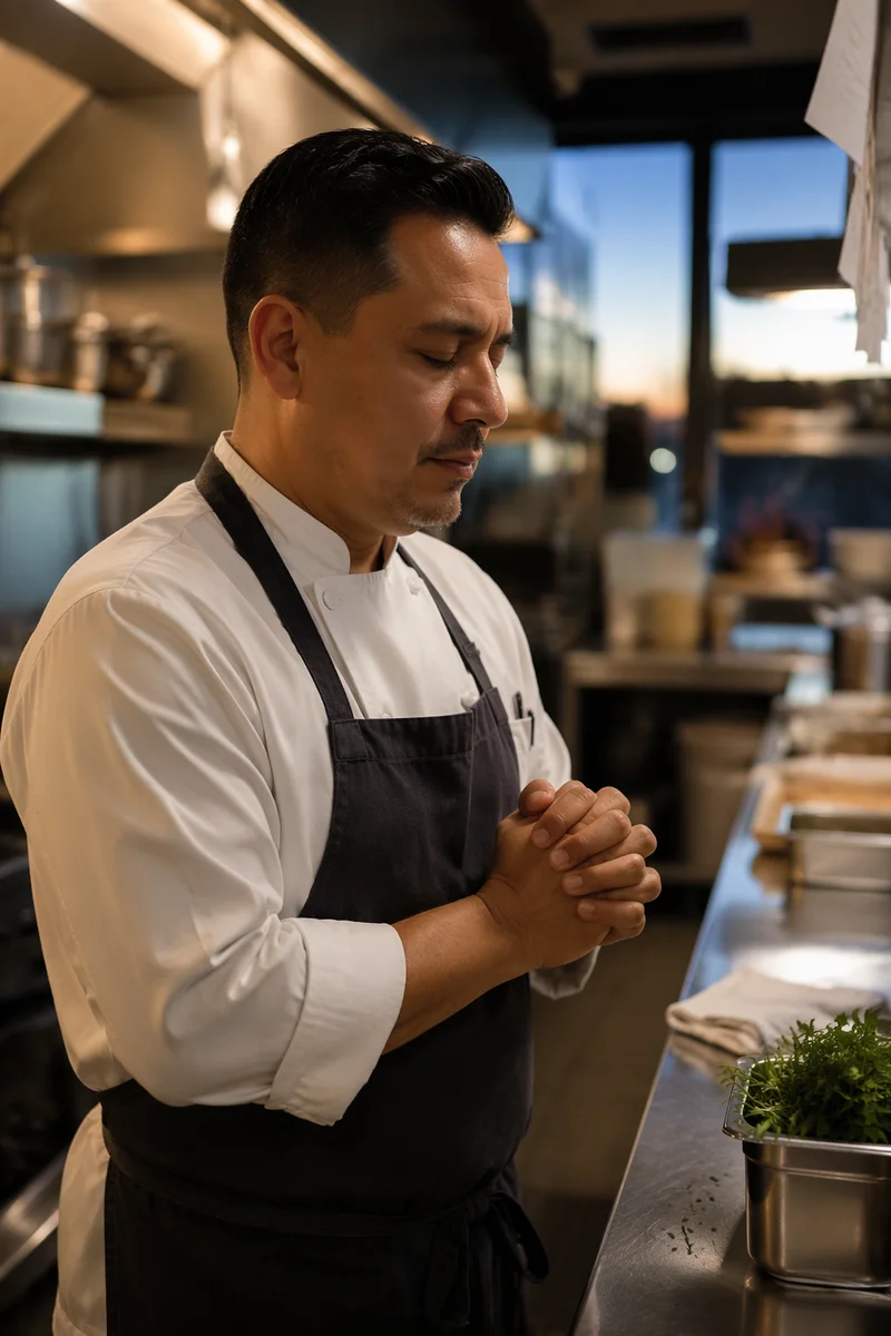 Chef Praying Before Dinner Service